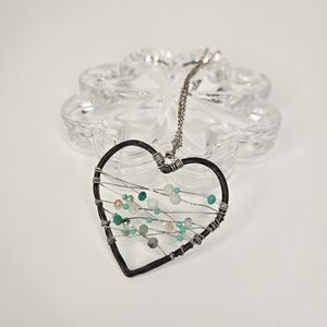 Rustic Turquoise Colored Beaded Metal Heart Pendant With Chain